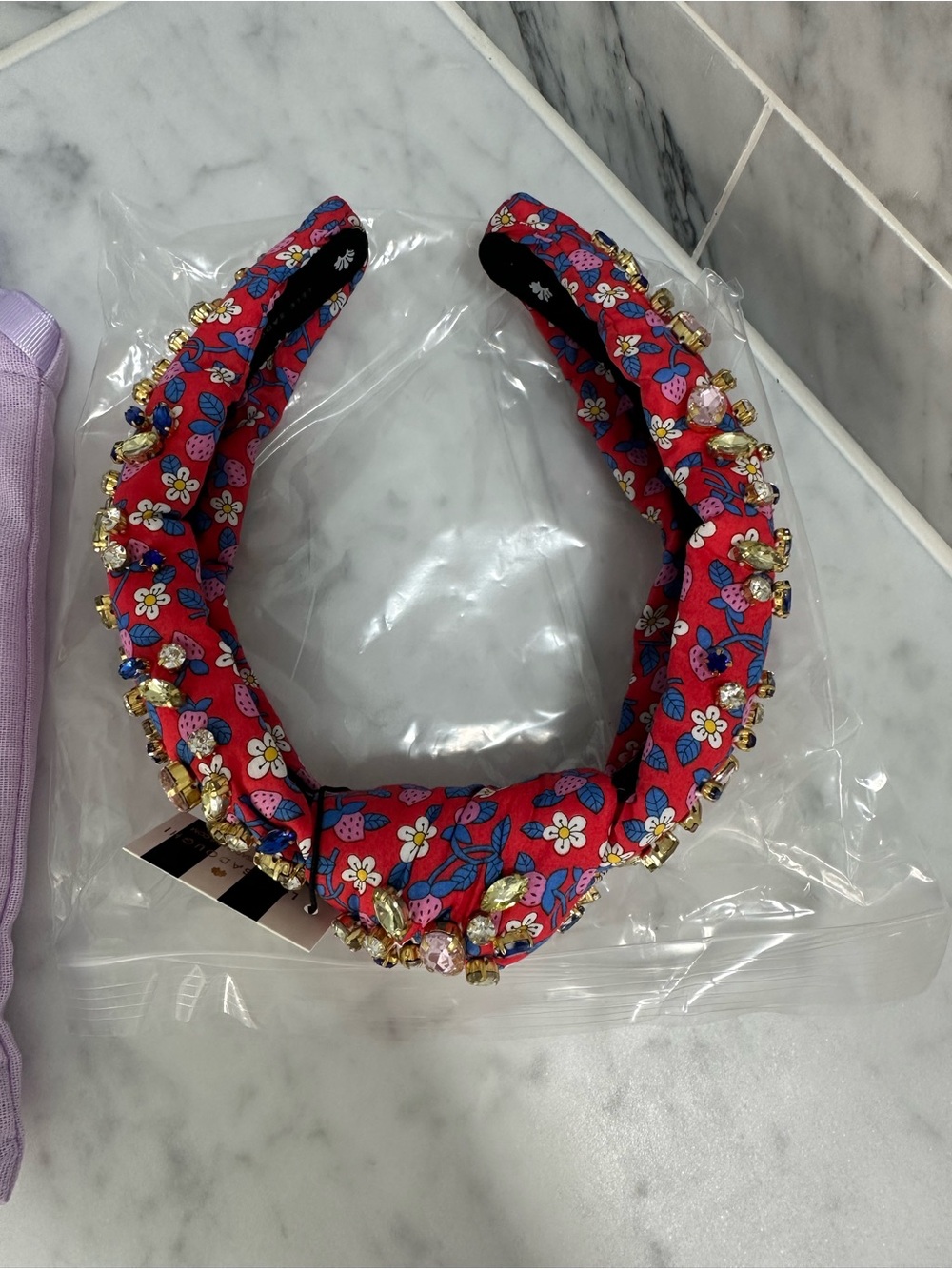 Lele Sadoughi Red Floral Jeweled Padded Headband - Picture 2 of 3